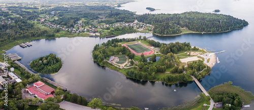 Aerial view over the Aluksne city  lake Aluksne and island  Latvia.