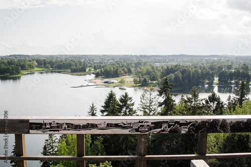 Beautiful view from the watching tower with Aluksne lake, town and tree tops. Aluksne, Latvia. photo