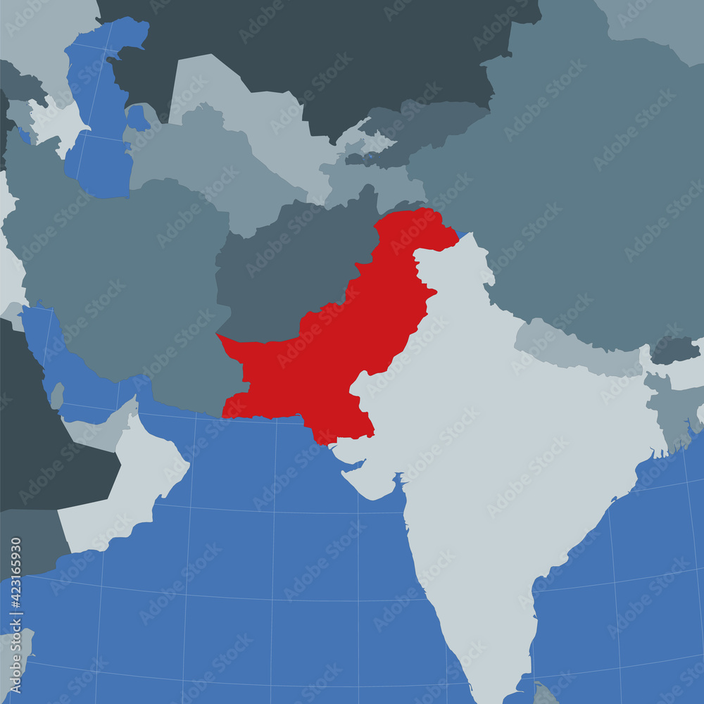 Shape of Pakistan in context of neighbor countries. Country highlighted with red color on world map. Pakistan map template. Vector illustration. Shape of Pakistan in context of neighbor countries. Country highlighted with red color on world map. Pakistan map template. Vector illustration.