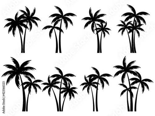 Black palm trees set isolated on white background. Palm silhouettes. Design of palm trees for posters  banners and promotional items. Vector illustration