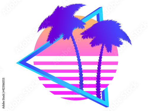 80s retro sci-fi palm trees on a sunset. Retro futuristic sun with palm trees. Synthwave and retrowave style. Design for advertising brochures, banners, posters, travel agencies. Vector illustration