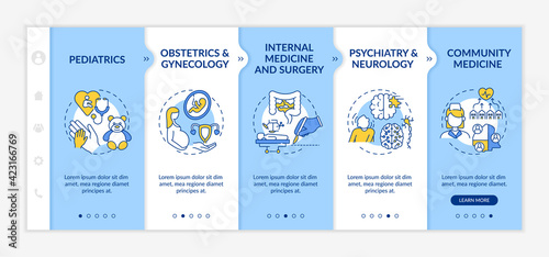 Family medicine components onboarding vector template. Responsive mobile website with icons. Web page walkthrough 5 step screens. Health care color concept with linear illustrations