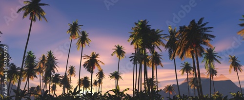 Morning palms against the backdrop of the setting sun,, 3D rendering