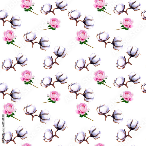 Seamless pattern with cotton and peonies, spring, easter, watercolor work, hand drawing