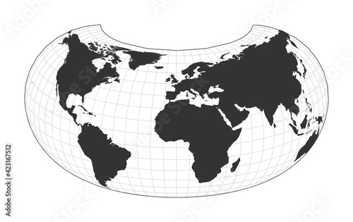 Map of the world in Armadillo projection. Globe with latitude and longitude net. World map on meridians and parallels background. Vector illustration.