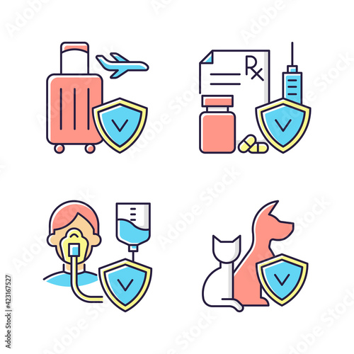 Insurance and protection RGB color icons set. Reimbursement for expenses. High medicative costs. Critical illness payout. Pet-care policy. Payment for prescription drug. Isolated vector illustrations