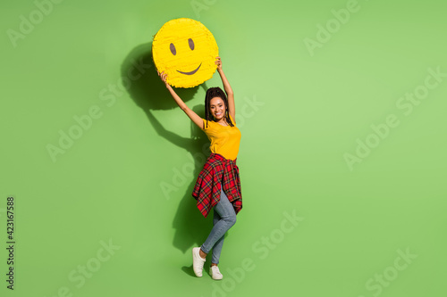 Photo of sweet charming dark skin lady dressed yellow t-shirt rising smiley face isolated green color background