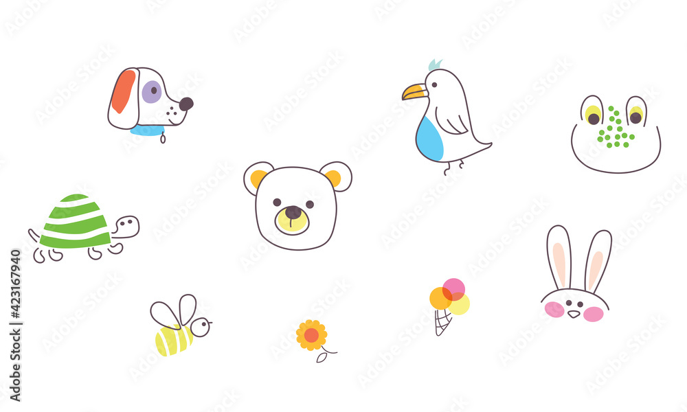 Cute animal icons vector illustration. Baby line style colored dog, duck , bear and turtle. Cute animal icons vector illustration. Baby line style colored dog, duck , bear and turtle.