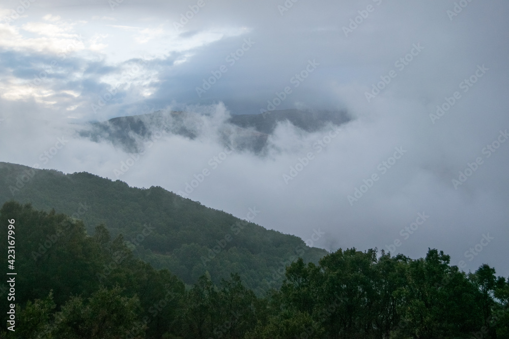 mountains and forests with fog in the Ambroz Valley