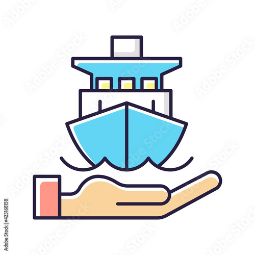 Marine insurance RGB color icon. Transport damages and losses coverage. Ships, vessels, cargo. Protection from marine navigation risks. Floating, voyage, fleet policy. Isolated vector illustration