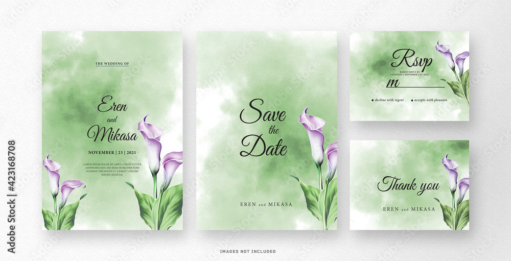 Green Wedding invitation card watercolor with lily flower