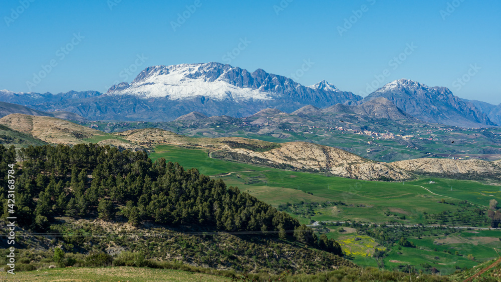 Naklejka premium Beautiful landscape view with snow-covered mountains in the background 