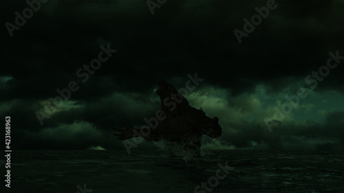 3d illustration of a giant sea monster rising from out of the ocean with a moody green atmosphere