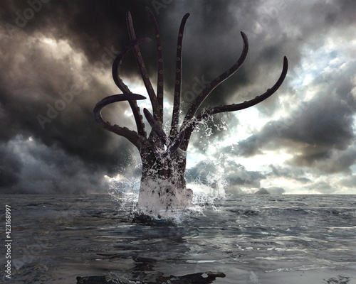 3d illustration of a Giant Squid Kraken rearing up out of the ocean photo