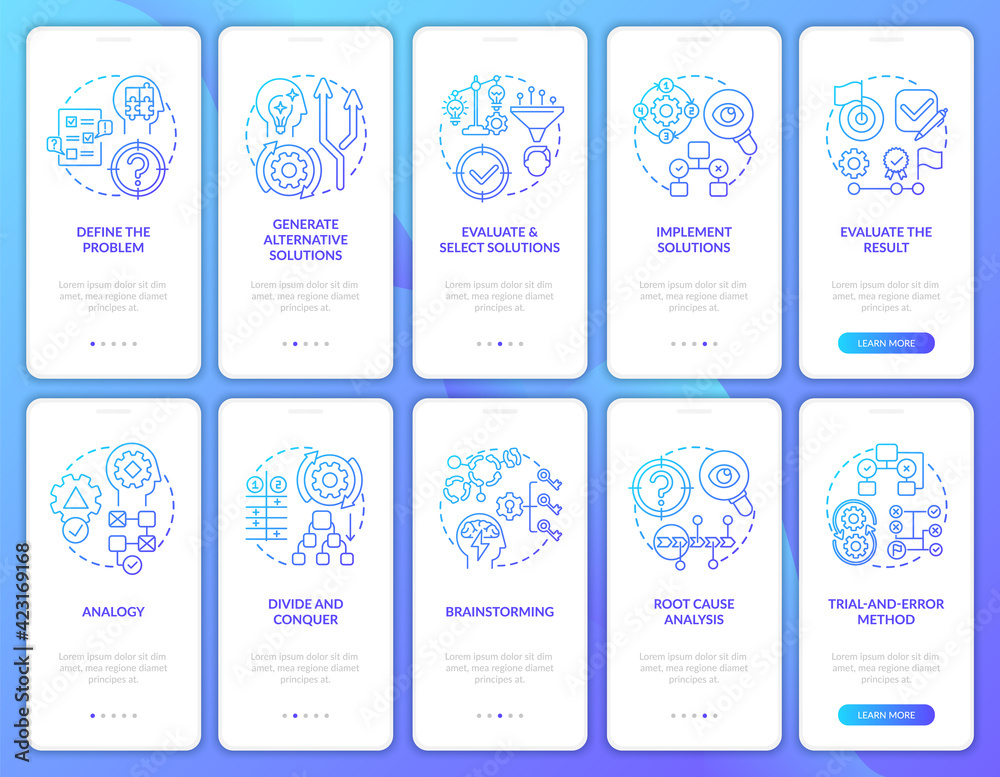 Problem solving navy onboarding mobile app page screen with concepts set. Evaluate the result walkthrough 5 steps graphic instructions. UI, UX, GUI vector template with linear color illustrations