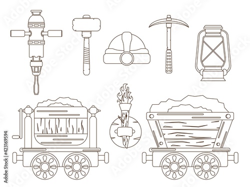 A set with mining tools for the extraction of resources. Mine carts, protection and lighting in the mine.