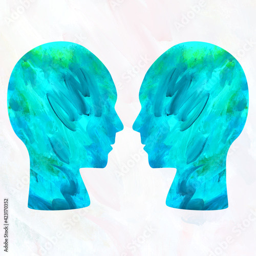 Vector illustration depicting two abstract reflected identical human heads, collage of  acrylic painting texture and separate head shape. Confrontation, differences or conflict concept.