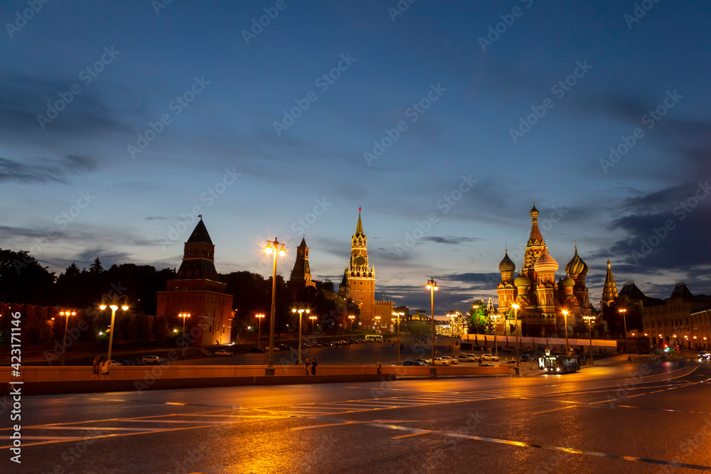the beauty of evening Moscow: St. Basil's Cathedral and the Spasskaya Tower on Red Square 