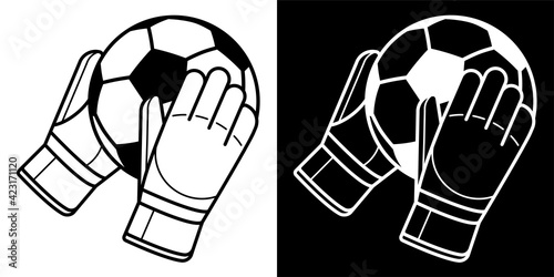 goalkeeper gloved hands are holding soccer ball. Soccer goalie protective gear. Isolated vector on white background