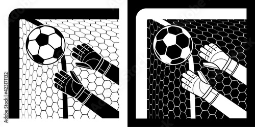 goalkeeper gloved hands catch soccer ball flying into corner of goal. Football goalie protective gear. Isolated vector on white background