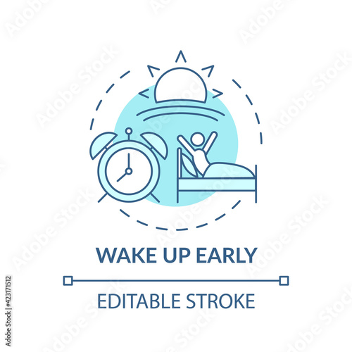 Wake up early turquoise concept icon. Daily routine. Person awake in morning. Self development, life improvement idea thin line illustration. Vector isolated outline RGB color drawing. Editable stroke