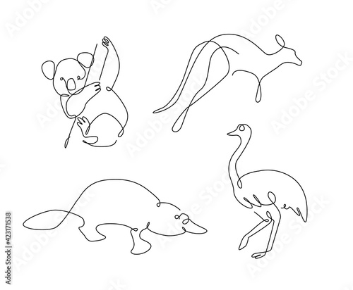 one line set of Australian animals. Koala outline. Kangaroo continuous line. Ostrich lines design. Platypus lite art.