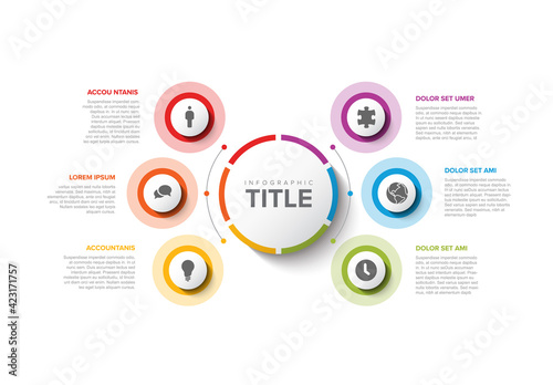 Multipurpose Infographic template with six elements around big button photo