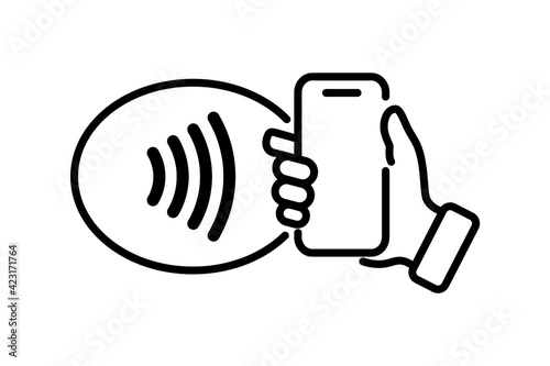 NFC technology. Hand holding Phone. Contactless wireless pay sign logo. Near Field Communication nfc payment concept. Contact less. NFC payment with mobile phone. Credit card photo