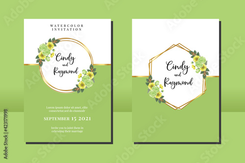 Wedding invitation frame set, floral watercolor hand drawn Green Rose Flower design Invitation Card Template