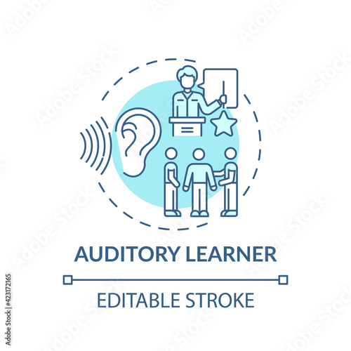 Auditory learner turquoise concept icon. Learning by sound. Hearing information. Self development and studying idea thin line illustration. Vector isolated outline RGB color drawing. Editable stroke
