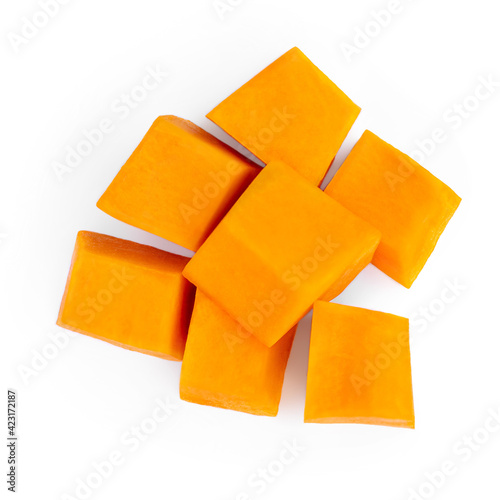 Pumpkin vegetable cube slice isolated on white background. Top view. Autumn Pumpkin Thanksgiving food
