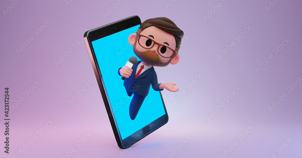 3d render illustration of man, reporter speaking on microphone coming out of the screen of giant smartphone 3d render illustration of man, reporter speaking on microphone coming out of the screen of giant smartphone
