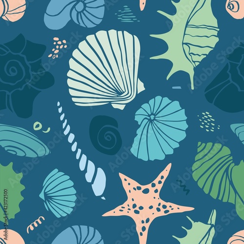 Seamless pattern with decorative shells  splashes  starfish in pastel colors isolated on blue. Summer sea background with marine nature for packaging paper  wallpaper  fabric. Vector illustration.