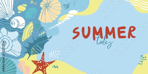 Horizontal poster with silhouettes of seashells, starfish isolated on the blue background. Marine banner template. Summer tales lettering. Composition of decorative sea elements. Vector illustration