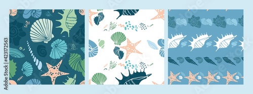 Set of seamless pattern with shells, splashes, starfish in pastel colors isolated on blue, white. Summer sea backgrounds with marine nature for packaging paper, wallpaper, fabric. Vector illustration.