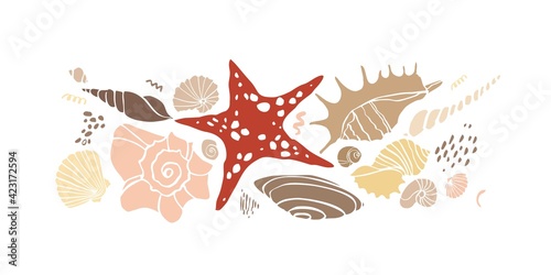 Horizontal composition of siluets of sea symbols isolated on white. A collection of marine elements in a vintage style. Seashells, starfish for decoragrements, postcards, posters. Vector illustration