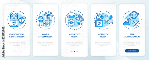 Human being needs blue onboarding mobile app page screen with concepts. Self-actualization walkthrough 5 steps graphic instructions. UI, UX, GUI vector template with linear color illustrations