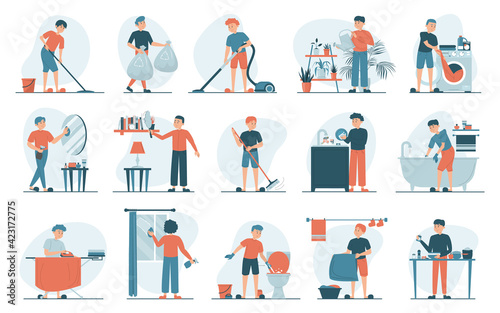 Housework set vector isolated. Collection of men doing house work. Vacuum cleaning, clothes ironing, cooking, wiping dust. Male characters cleaning window and mirror.