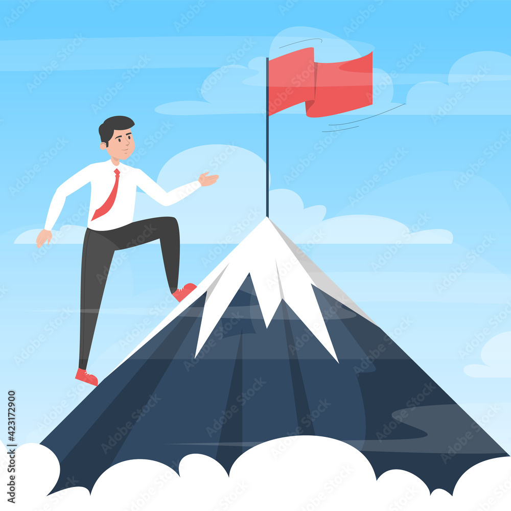 Businessman moving towards victory. Take your business to the next level concept. Vector illustration of man in suit on top of the mountain with red flag as a symbol of success and goal achievement.
