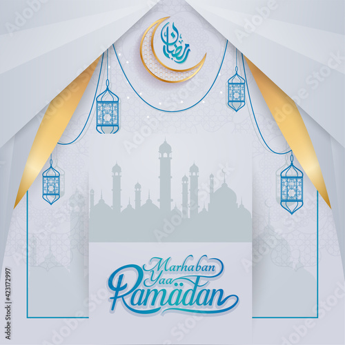 Greeting of marhaban ya ramadhan with lettering. ied Mubarak, elegant white blue background Template (English: Welcome Ramadan)