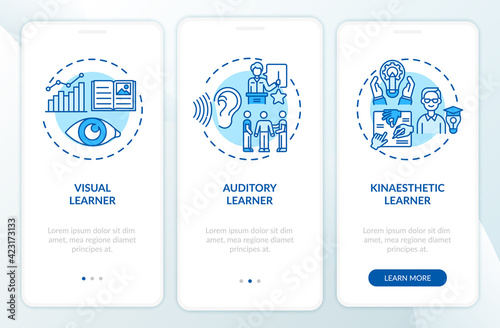 Learning styles blue onboarding mobile app page screen with concepts. Education, studying strategy walkthrough 3 steps graphic instructions. UI, UX, GUI vector template with linear color illustrations