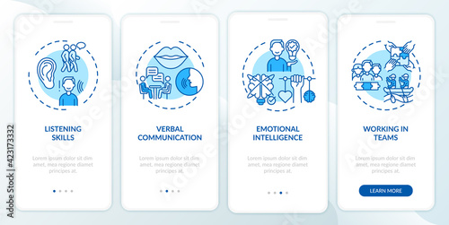 Interpersonal skill self assessment categories blue onboarding mobile app page screen with concepts. Walkthrough 4 steps graphic instruction. UI, UX, GUI vector template with linear color illustration