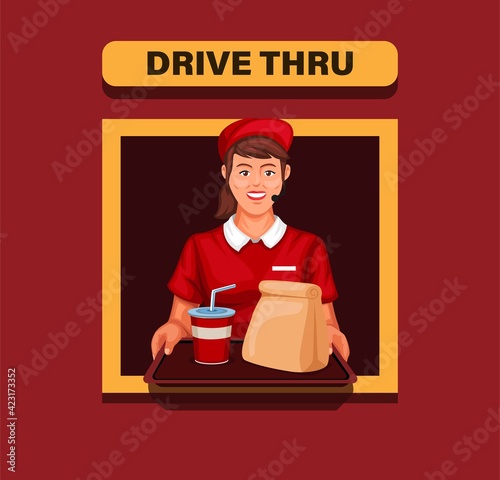 Girl fast food worker served order in drive thru service. concept in cartoon illustration vector