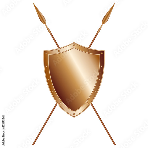 Bronze medieval shield and crossed spears, vector illustration design