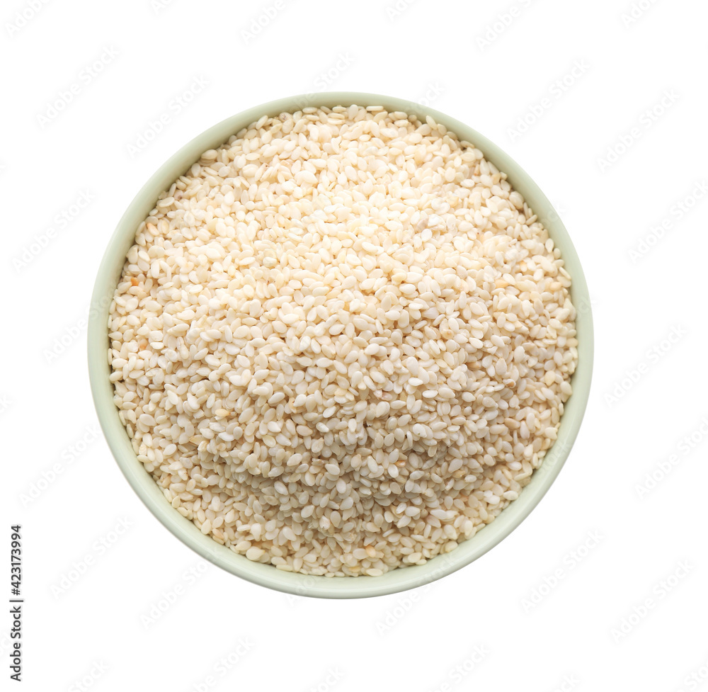 Sesame seeds in bowl on white background, top view Sesame seeds in bowl on white background, top view