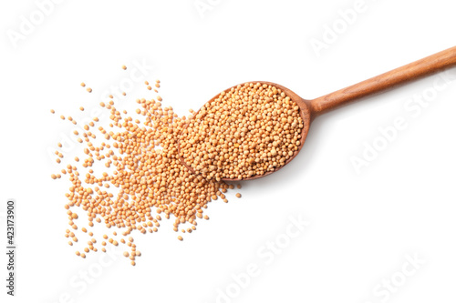 Spoon with mustard seeds on white background, top view