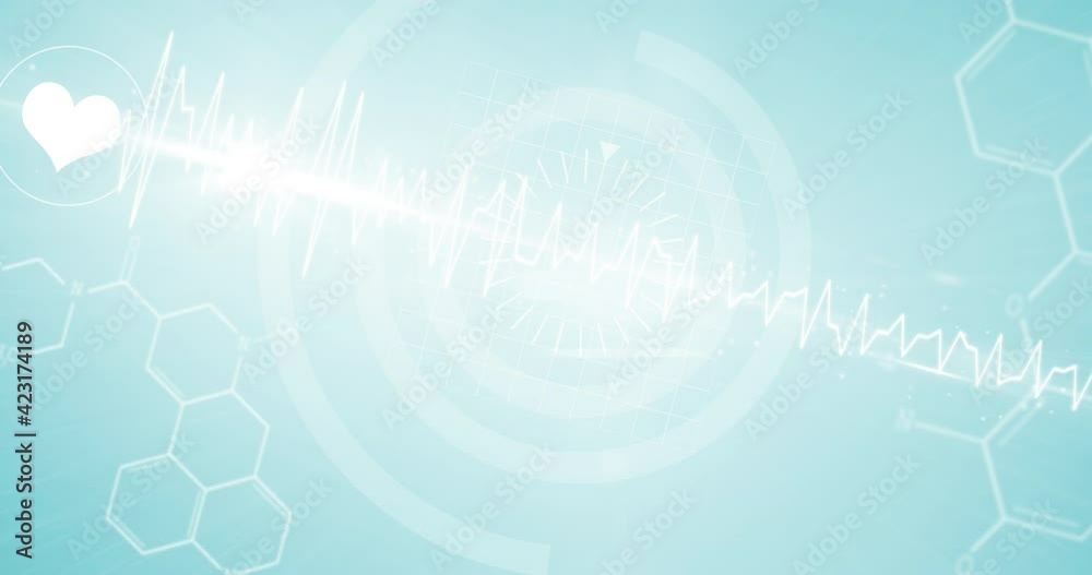 Digital animation of bright spot of light and heart rate monitor against chemical structures