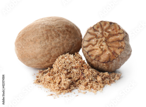 Grated nutmeg and seeds isolated on white