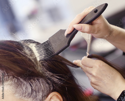 hairdresser hand with hair dye making haircut and hair coloring on client closeup photo