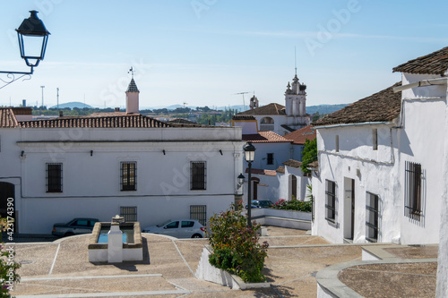 Streets and white buildings of the town of Burguillos del Cerro.